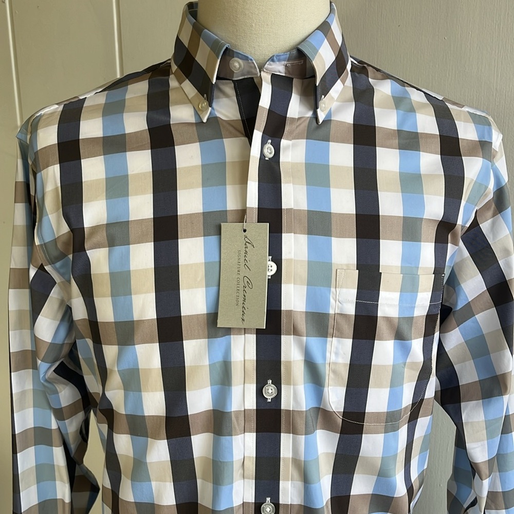 NWT-Daniel Cremieux Signature Blue Black Tan Plaid Button-Down Shirt Mens Med